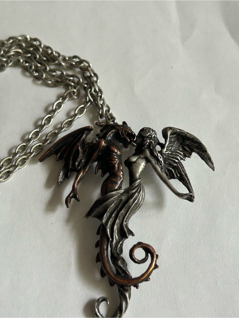 ANGEL & DRAGON DUAL PENDANT 2.5” and 10.5” Necklace Two-Tone Silver & Bronze - Picture 12 of 15